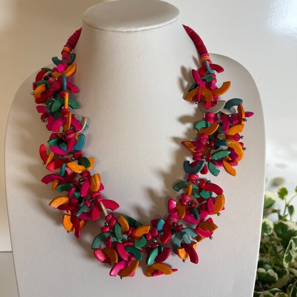 Boho Multicolor Wooden Bead Statement Necklace Chunky Tropical Artisan Jewelry - Picture 1 of 8